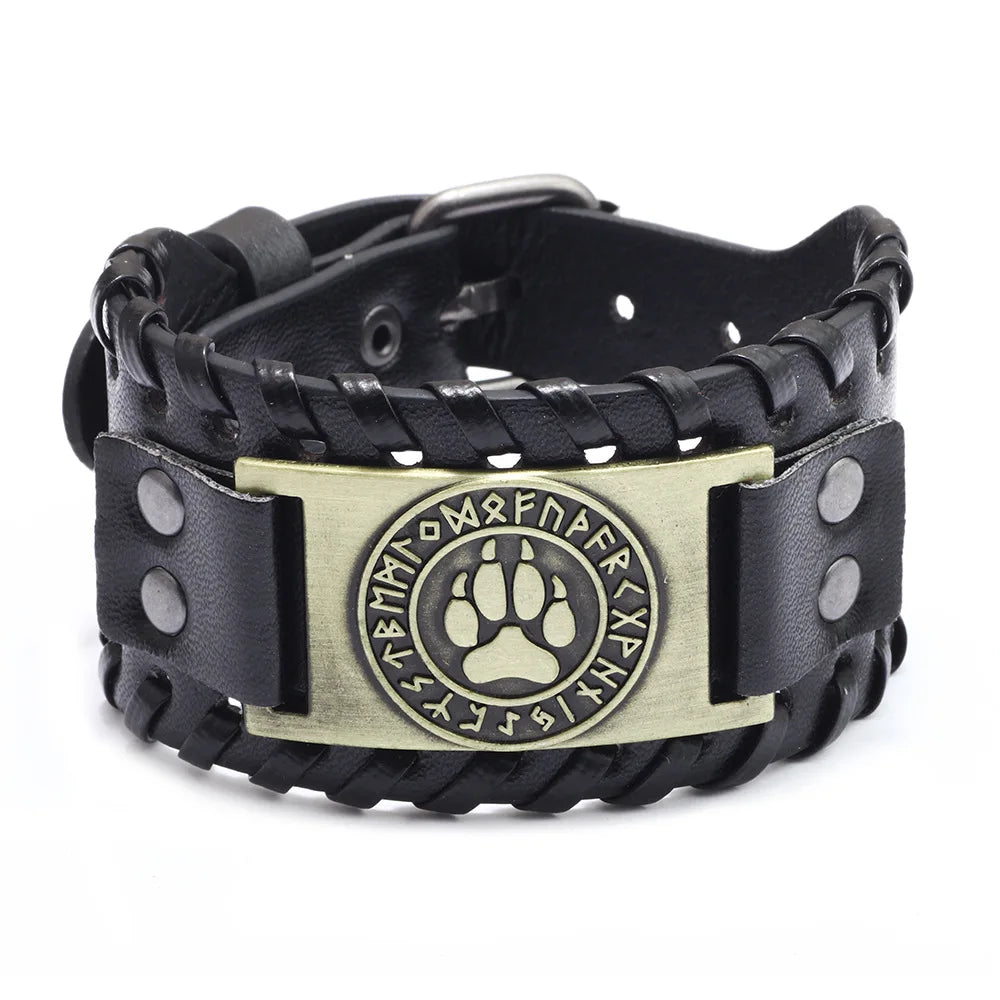 Totem Design Wide Leather Pirate Compass Bracelet - Men's Celtic Viking Jewelry, Party Gift Accessories