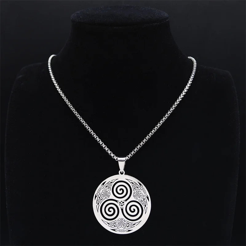 Stainless Steel Witchcraft Vortex Necklace – Viking Triskelion Celtic Knot Spiral, Silver Jewelry N7062S02