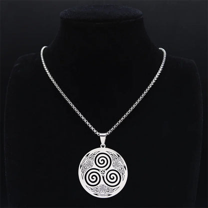 Stainless Steel Witchcraft Vortex Necklace – Viking Triskelion Celtic Knot Spiral, Silver Jewelry N7062S02