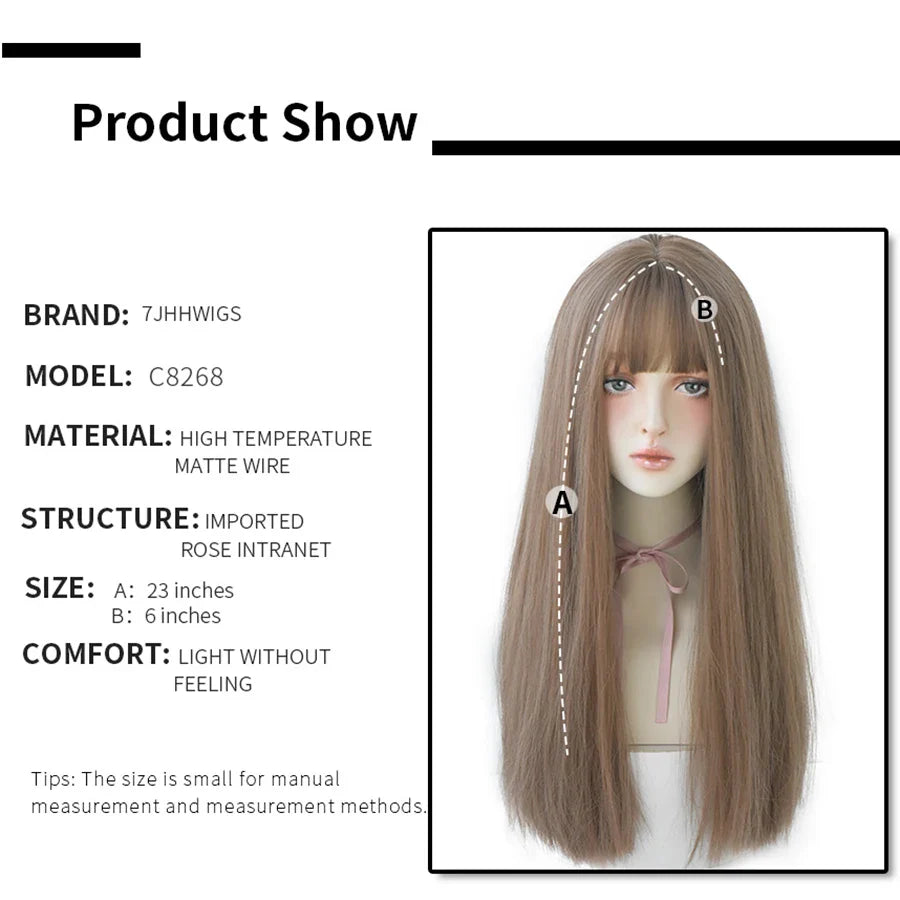 7JHHWIGS Long Straight Light Brown Synthetic Wig with Bangs – Heat-Resistant Daily Wear Wig for Women