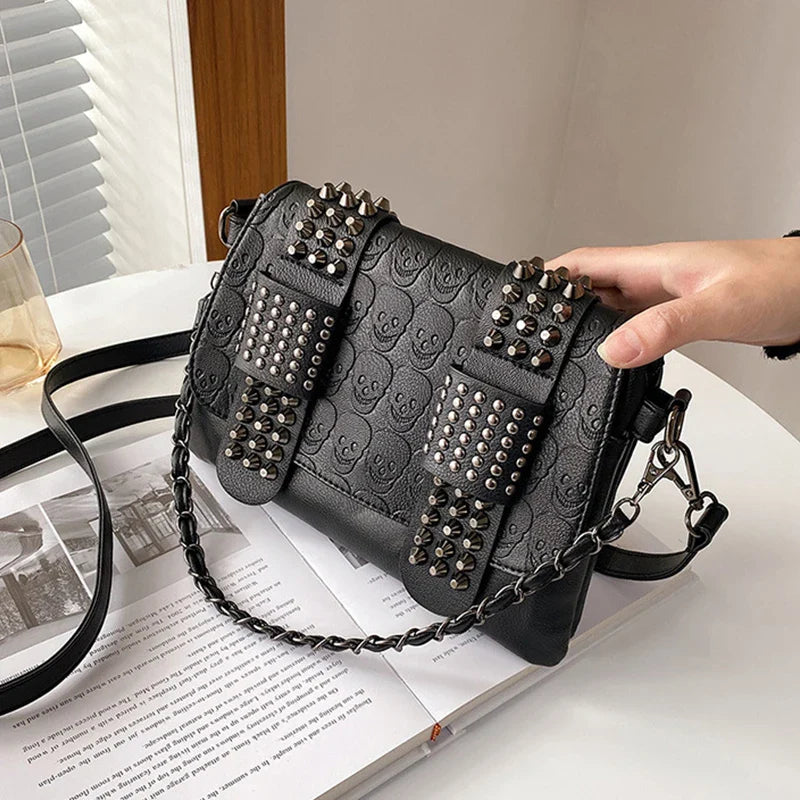 Vintage Skull Rivet PU Leather Shoulder Bag — Women’s Black Crossbody Flap Messenger Handbag