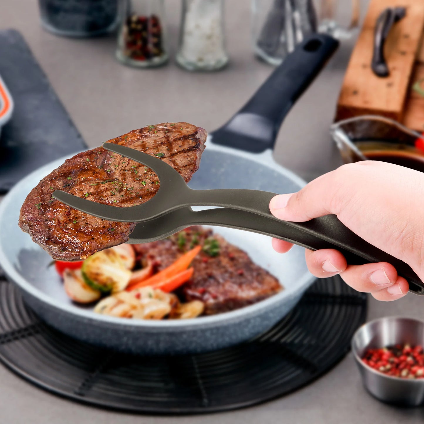 2-in-1 Nylon Grip Flip Tongs - Egg Spatula & Steak Spatula Clamp, Pancake Turner Kitchen Accessories