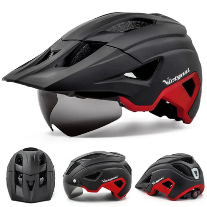 VICTGOAL LED Bike Helmet – Rechargeable Men’s Cycling Helmet with Sun Goggle Visor & Sunglasses Shield for Road & MTB Cycling