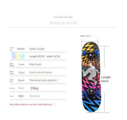 60cm Kids' Beginner Skateboard – Double Rocker Maple Deck with Cartoon Design for Outdoor Fun