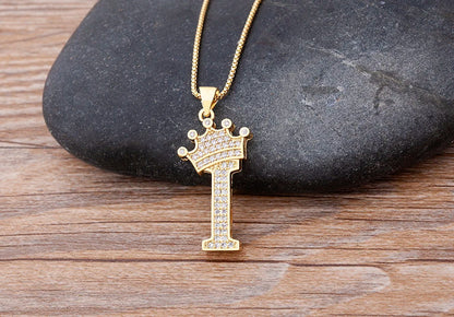 Nidin Luxury A-Z Crown Alphabet Pendant – Copper Zircon Initial Necklace Chain, Hip-Hop Style Jewelry for Men & Women