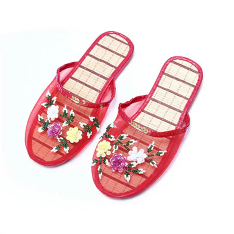 Women’s Sequin Mesh Indoor Slippers – Summer Hollow Flat Beach Flip Flops with Creative Flower Design