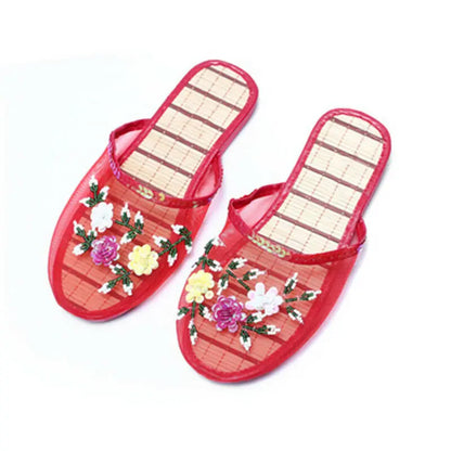 Women’s Sequin Mesh Indoor Slippers – Summer Hollow Flat Beach Flip Flops with Creative Flower Design
