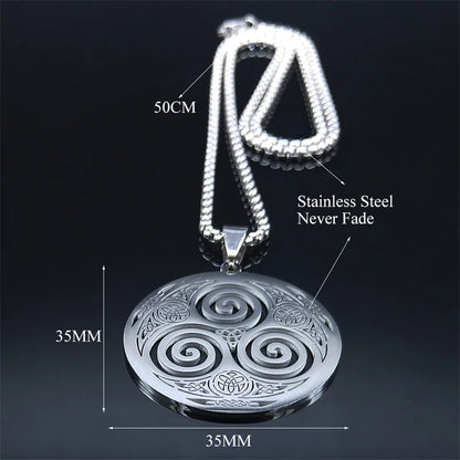 Stainless Steel Witchcraft Vortex Necklace – Viking Triskelion Celtic Knot Spiral, Silver Jewelry N7062S02