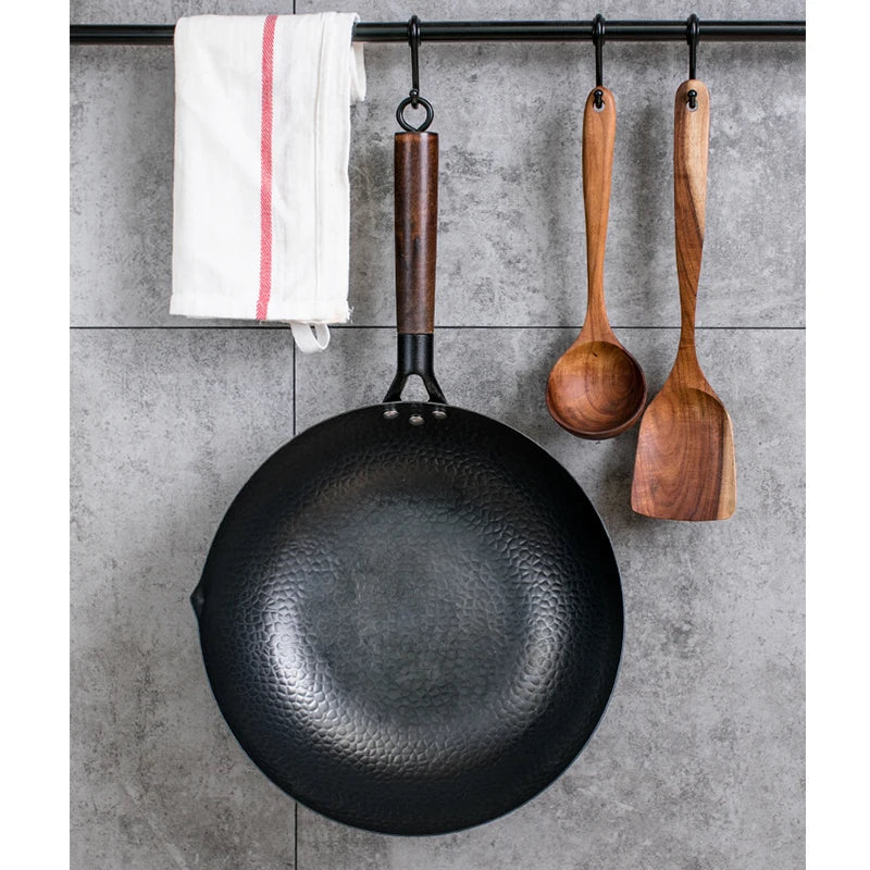 Konco 32cm Pure Cast Iron Wok – Non-Coated Chinese Wok Pan for Gas & Induction Cookers