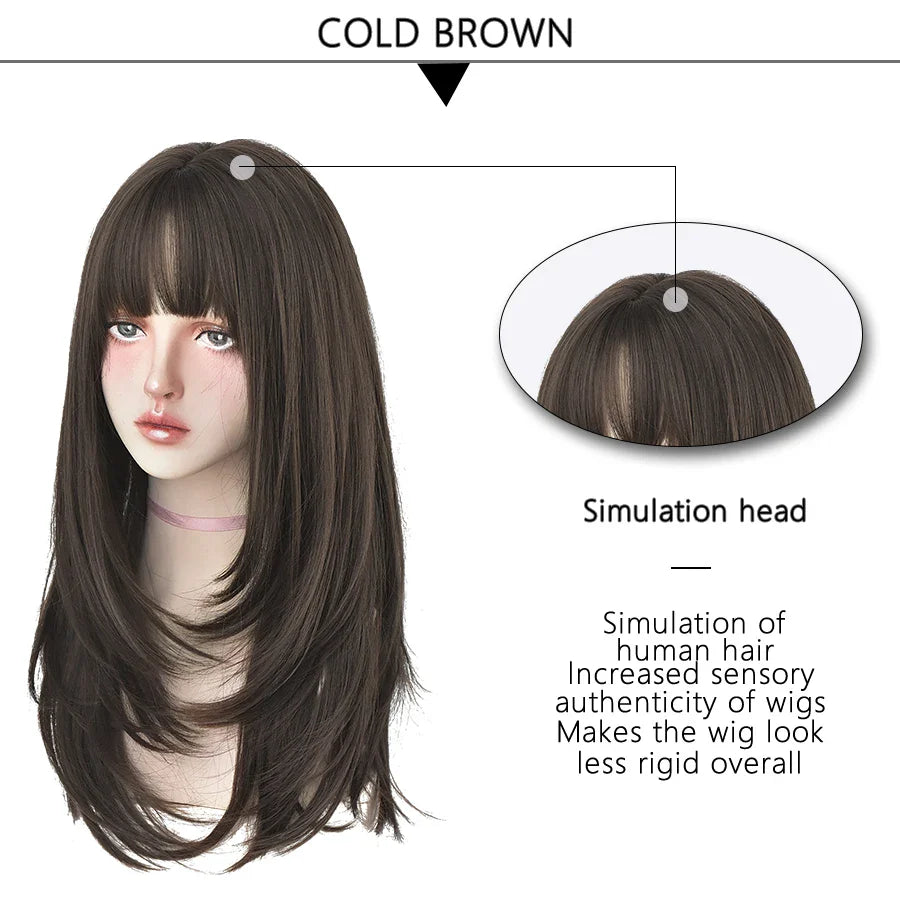7JHHWIGS Long Straight Light Brown Synthetic Wig with Bangs – Heat-Resistant Daily Wear Wig for Women