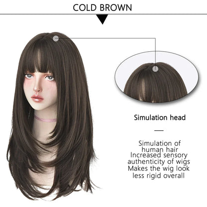 7JHHWIGS Long Straight Light Brown Synthetic Wig with Bangs – Heat-Resistant Daily Wear Wig for Women