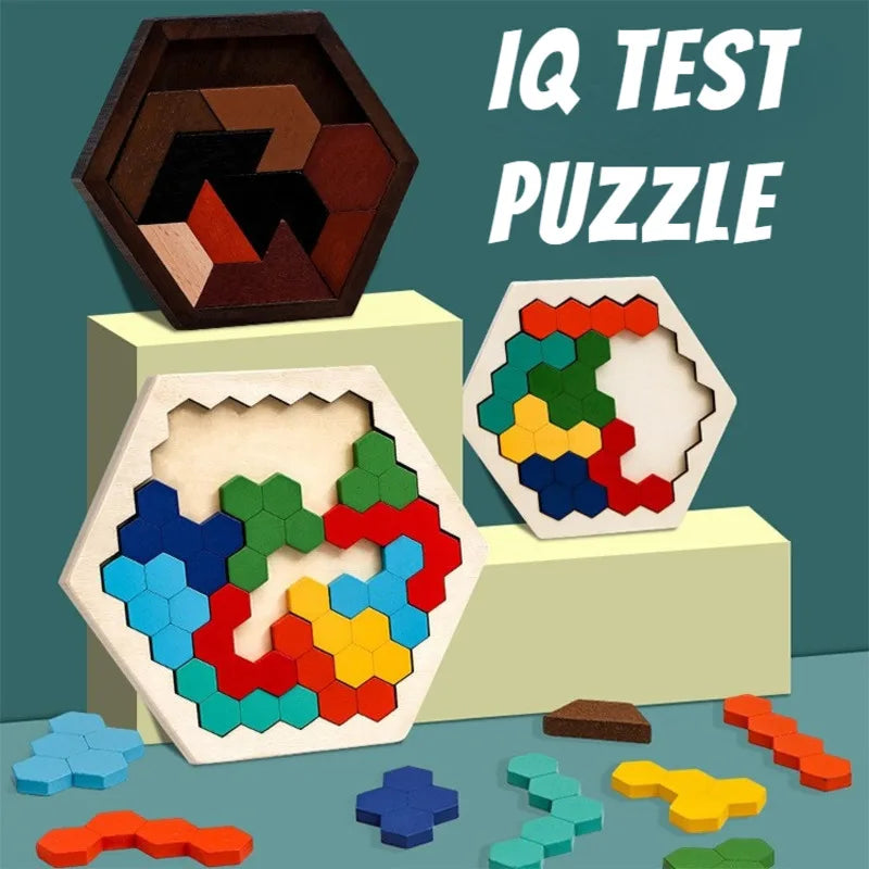 Hexagonal Wooden Puzzles – IQ Brain Teaser Game, Educational Tangram Toy for Kids & Adults, Montessori Gift for Cognitive Development
