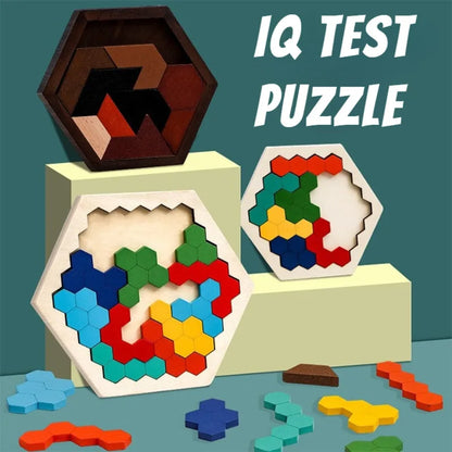 Hexagonal Wooden Puzzles – IQ Brain Teaser Game, Educational Tangram Toy for Kids & Adults, Montessori Gift for Cognitive Development