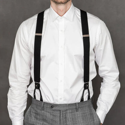 Vintage Leather Trimmed Suspenders | Men Women Adult | Button End Y-Back | Adjustable Elastic Trouser Braces Straps | Wedding Party Belt