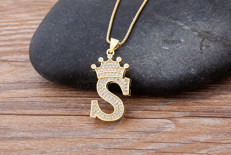 Nidin Luxury A-Z Crown Alphabet Pendant – Copper Zircon Initial Necklace Chain, Hip-Hop Style Jewelry for Men & Women