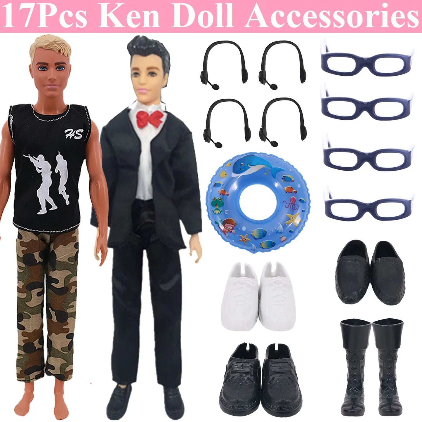 30-Piece Ken Doll Accessories Set — Clothes, Glasses, Shoes, Hangers, Guitar, Skateboard & Headsets for Barbie Dolls, DIY Toy for Girls