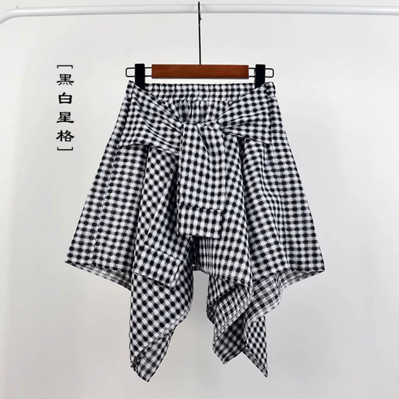 TOTRUST Women’s Fashion Asymmetrical Summer Plaid Mini Skirt – Casual College Style Fake Shirt Design