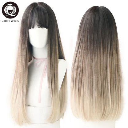 7JHHWIGS Long Straight Light Brown Synthetic Wig with Bangs – Heat-Resistant Daily Wear Wig for Women