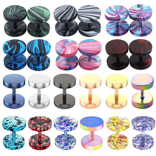 Stainless Steel Stud Earrings & Ear Plugs — Faux Punk Barbell Tunnels, Fake Piercing Gauges for Men & Women Body Jewelry
