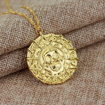 Caribbean Pirates Aztec Gold Coin Necklace – Retro Skull Pendant, Punk Hip Hop Movie Accessory