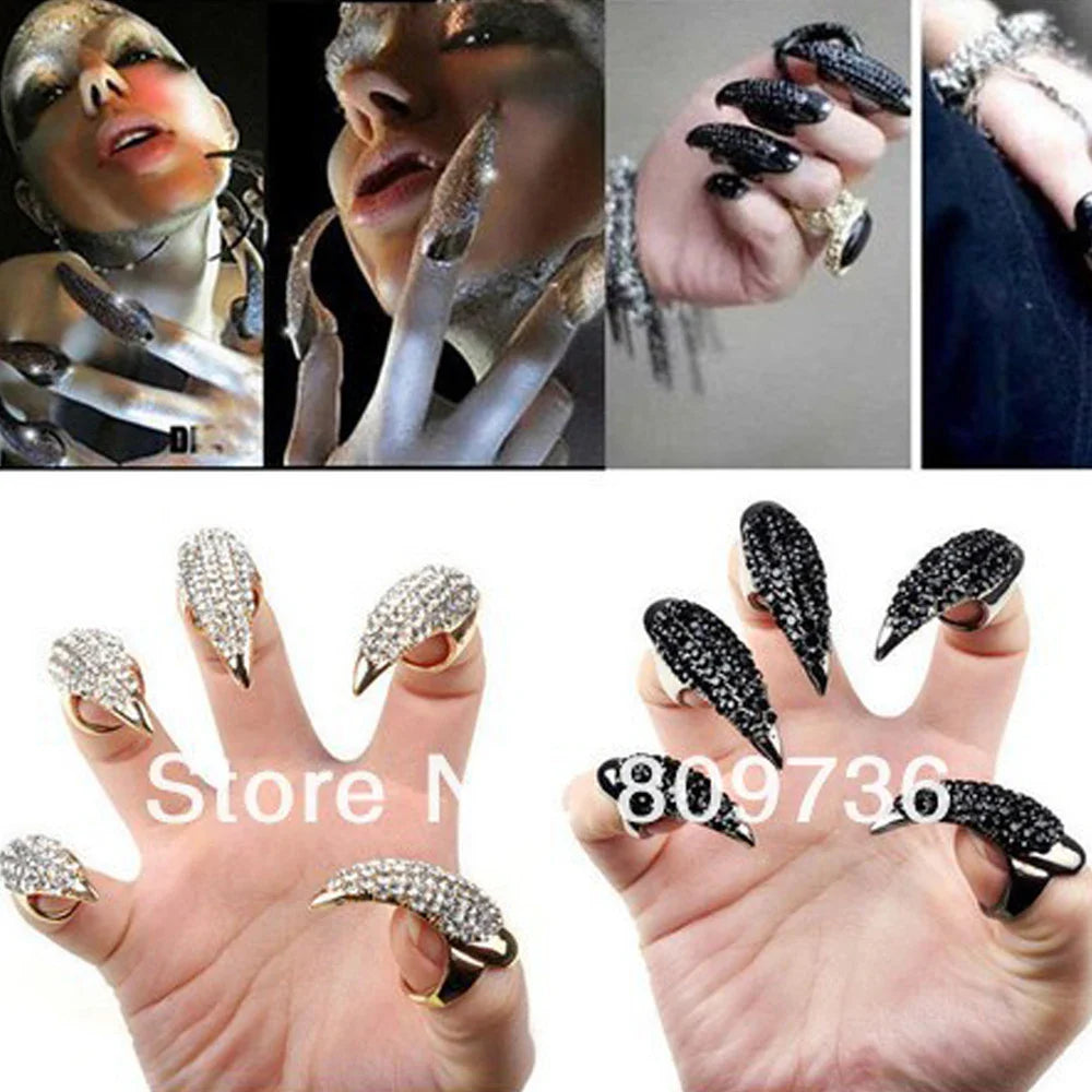 5PCS Crystal Nail Rings | Punk False Nail Jewelry with Rhinestones Claw/Talon Design, Unisex Wholesale Finger Rings