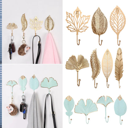 Nordic Style Gold/Green Leaf Shape Wrought Iron Hook Wall Hanger - Towel Clothes Storage Rack for Home Organization