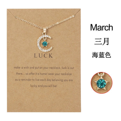 Fashion Birthstone Moon & Star Crystal Pendant Necklace – Women’s Clavicle Chain Choker Jewelry Gift for Parties & Birthdays