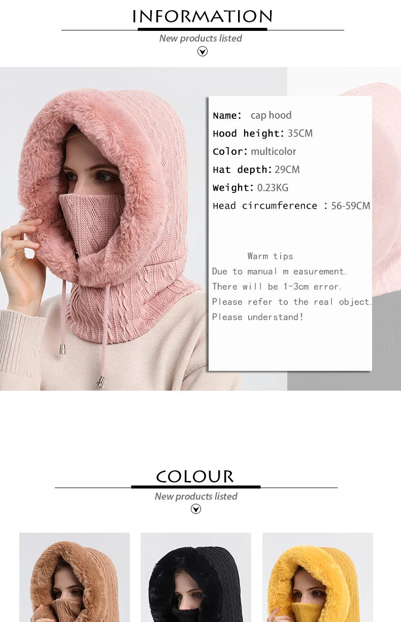 Winter Fur Cap Mask Set – Hooded Knitted Cashmere Neck Warmer, Plush Windproof Balaclava Ski Beanie for Women