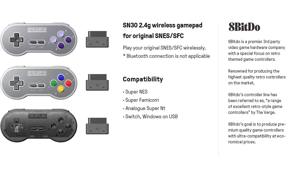 8BitDo SN30 2.4G Wireless Gamepad – Compatible with Original SNES/SFC