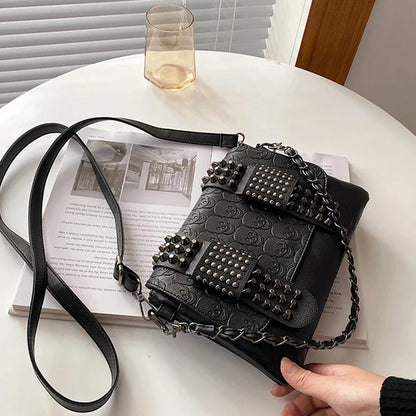 Vintage Skull Rivet PU Leather Shoulder Bag — Women’s Black Crossbody Flap Messenger Handbag