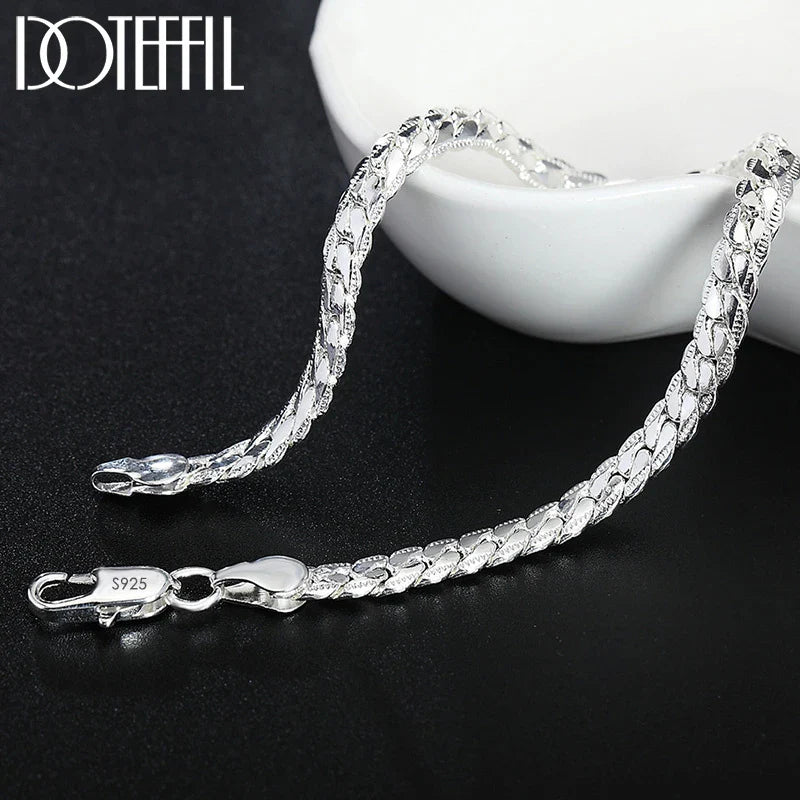 DOTEFFIL 925 Sterling Silver Side Chain Necklace & Bracelet – 6mm, 8-24 Inch, Fashion Charm Wedding Jewelry for Women & Men