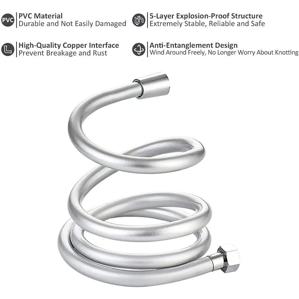 1/1.5/2M PVC Handheld Shower Hose — Flexible, Anti-Kink, Explosion-Proof Bathroom Faucet Extension Tube