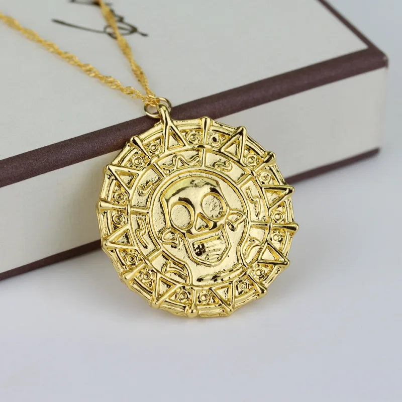 Caribbean Pirates Aztec Gold Coin Necklace – Retro Skull Pendant, Punk Hip Hop Movie Accessory