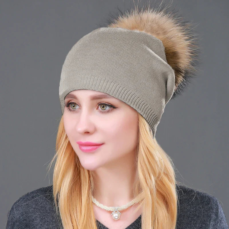 Autumn Winter Knitted Wool Hat for Women – Fashion Pompon Beanie with Genuine Raccoon Fur, Warm and Stylish Cap