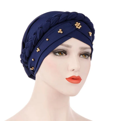 Women’s Cotton Head Scarf – Solid Turban Bonnet Hijab Cap with White Pearl Inner, Muslim Arab Wrap