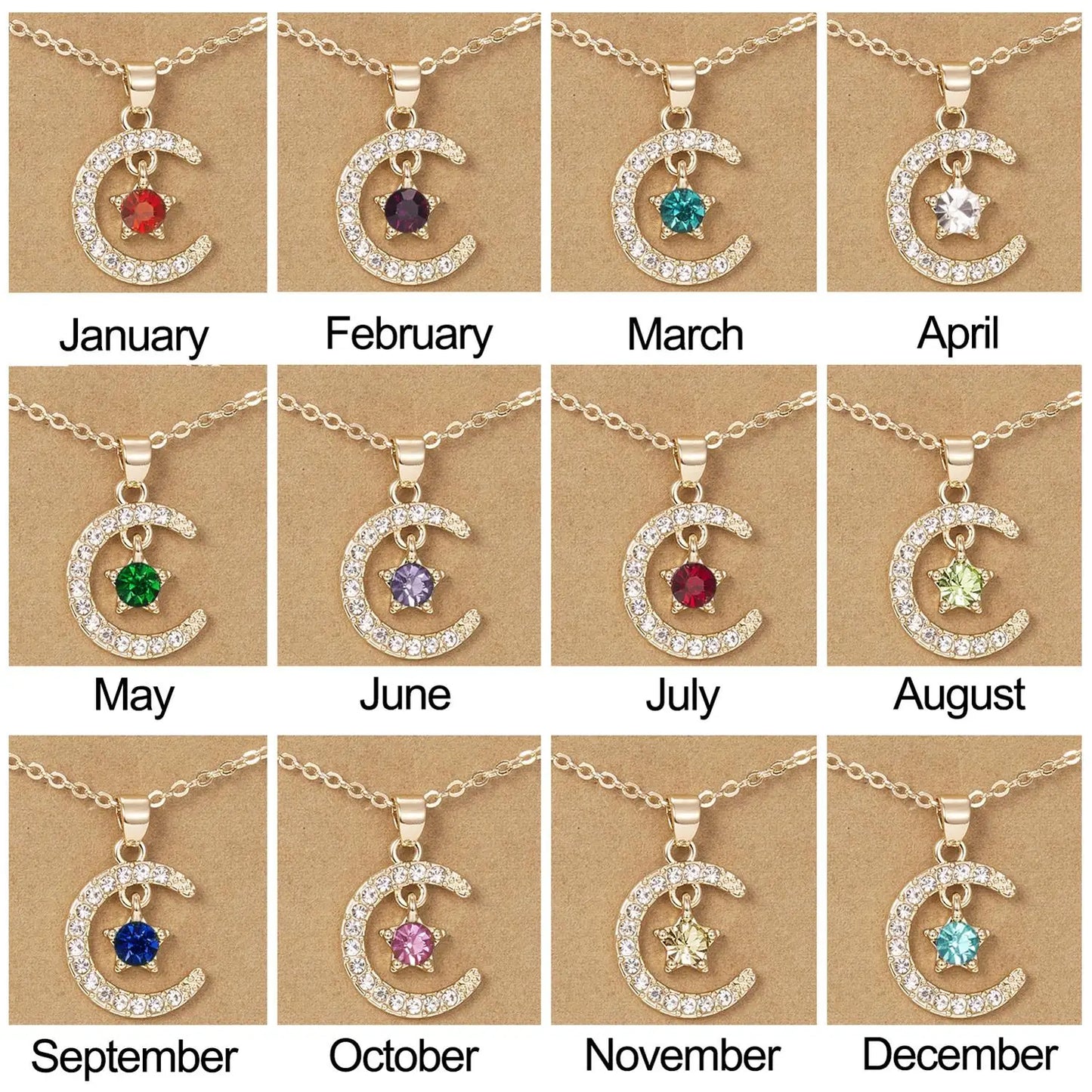 Fashion Birthstone Moon & Star Crystal Pendant Necklace – Women’s Clavicle Chain Choker Jewelry Gift for Parties & Birthdays