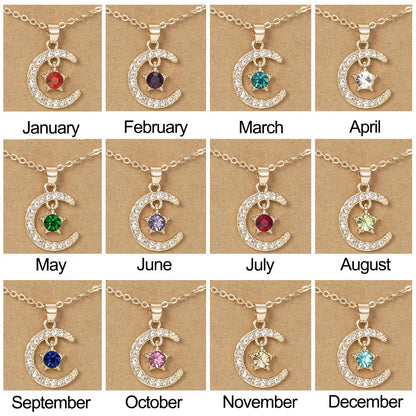 Fashion Birthstone Moon & Star Crystal Pendant Necklace – Women’s Clavicle Chain Choker Jewelry Gift for Parties & Birthdays