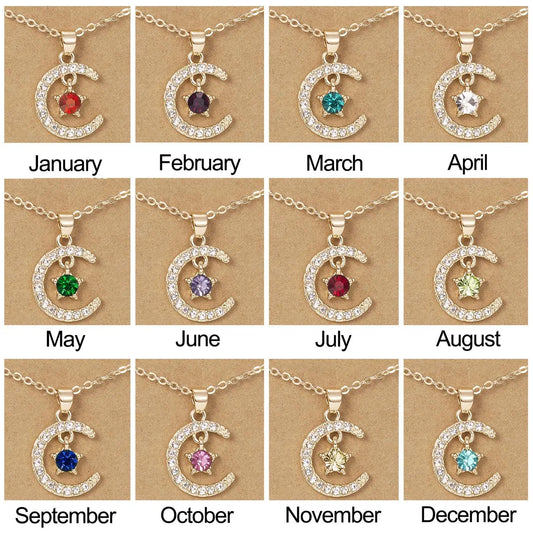 Fashion Birthstone Moon & Star Crystal Pendant Necklace – Women’s Clavicle Chain Choker Jewelry Gift for Parties & Birthdays