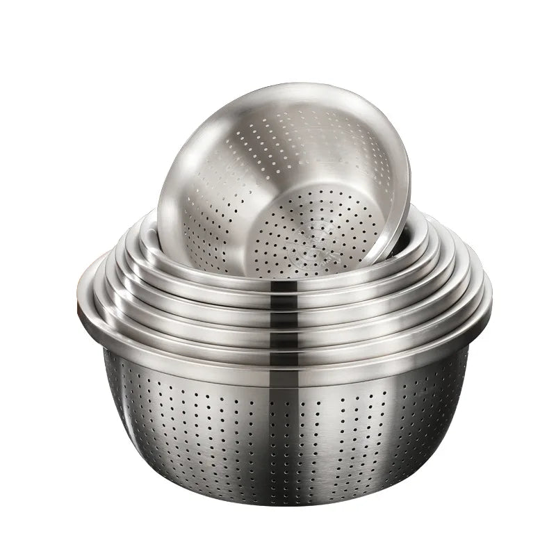 Stainless Steel Drain Basket Colander – Round Rice Cleaning Sieve & Fruit Vegetable Washing Strainer for Kitchen Use