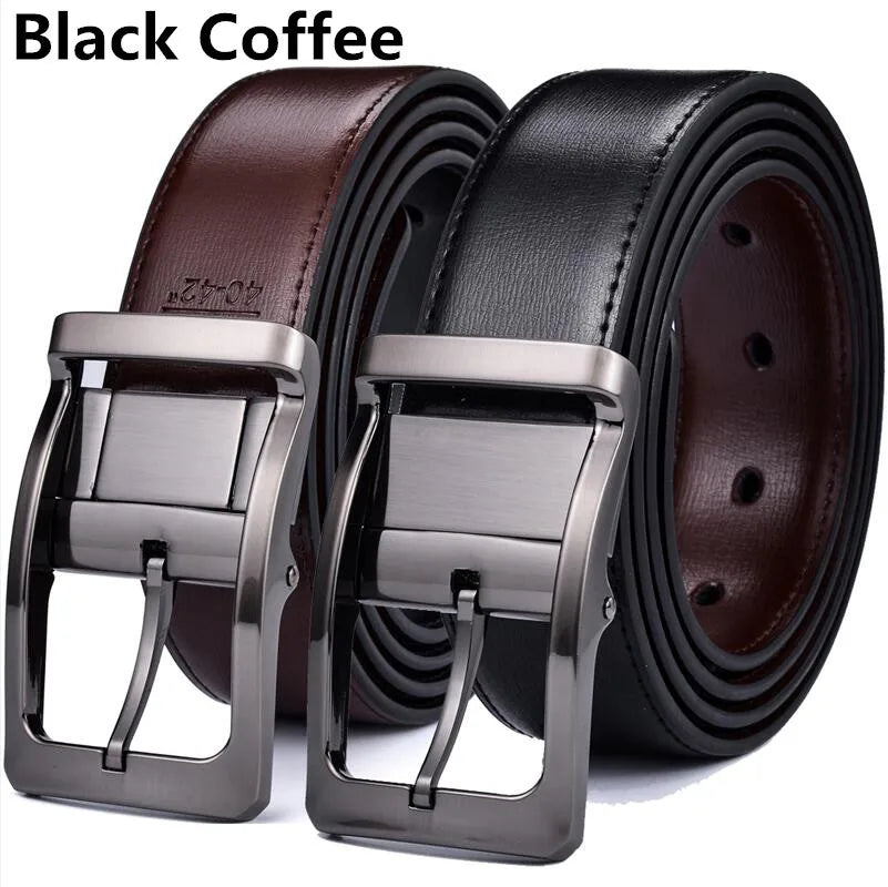 Men’s Genuine Leather Reversible Belt – 2-in-1 Rotated Buckle for Big & Tall Sizes