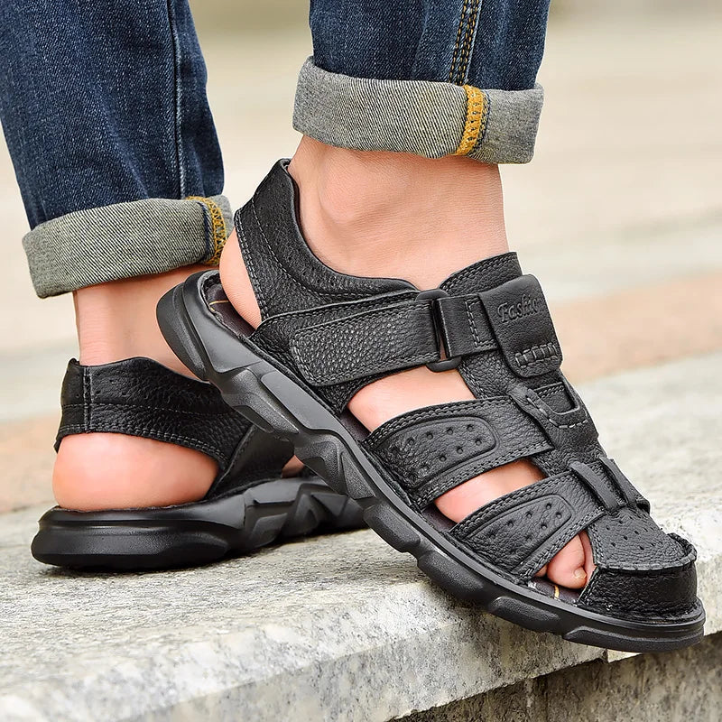Men's Genuine Leather Casual Sandals - Breathable Summer Outdoor Walking Shoes