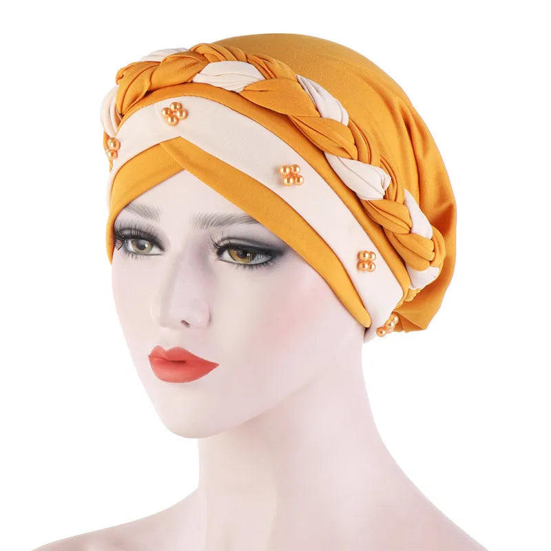 Women’s Cotton Head Scarf – Solid Turban Bonnet Hijab Cap with White Pearl Inner, Muslim Arab Wrap