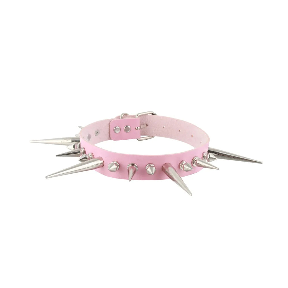 Punk Long Spike Choker – Studded Faux Leather Collar for Men & Women, Goth Rivet Necklace