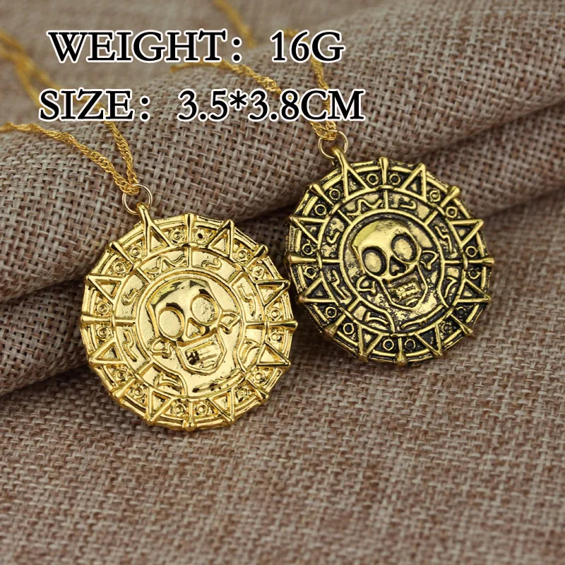 Caribbean Pirates Aztec Gold Coin Necklace – Retro Skull Pendant, Punk Hip Hop Movie Accessory