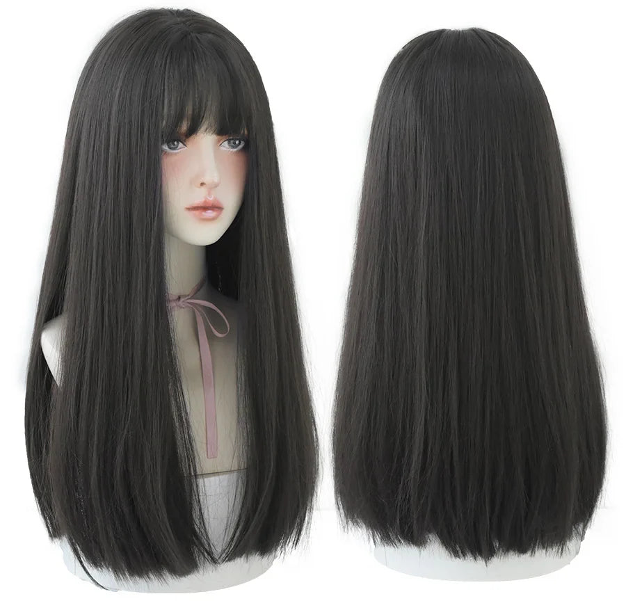 7JHHWIGS Long Straight Light Brown Synthetic Wig with Bangs – Heat-Resistant Daily Wear Wig for Women
