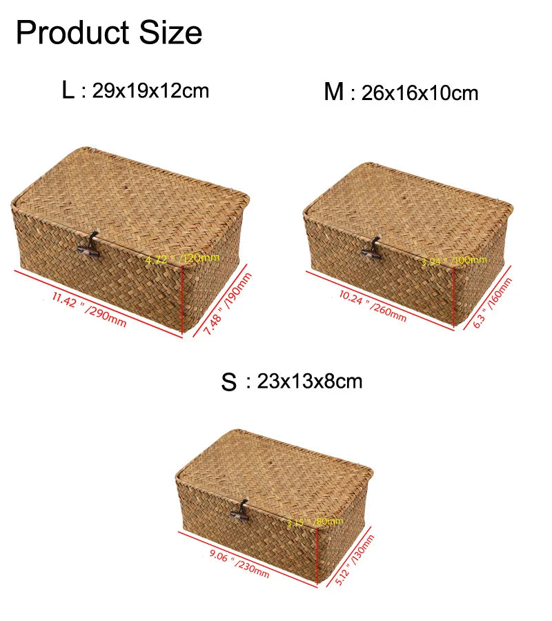 Handmade Seagrass Woven Storage Box with Lid - Seaweed Finishing Basket for Sundries, Bath Cosmetics, and Towels, Model MX01161829