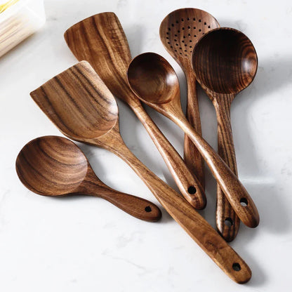 1-9pcs Teak Wood Tableware Set – Natural Wooden Cooking Spoons, Colander Spoon & Soup Skimmer Kitchen Tool Kit