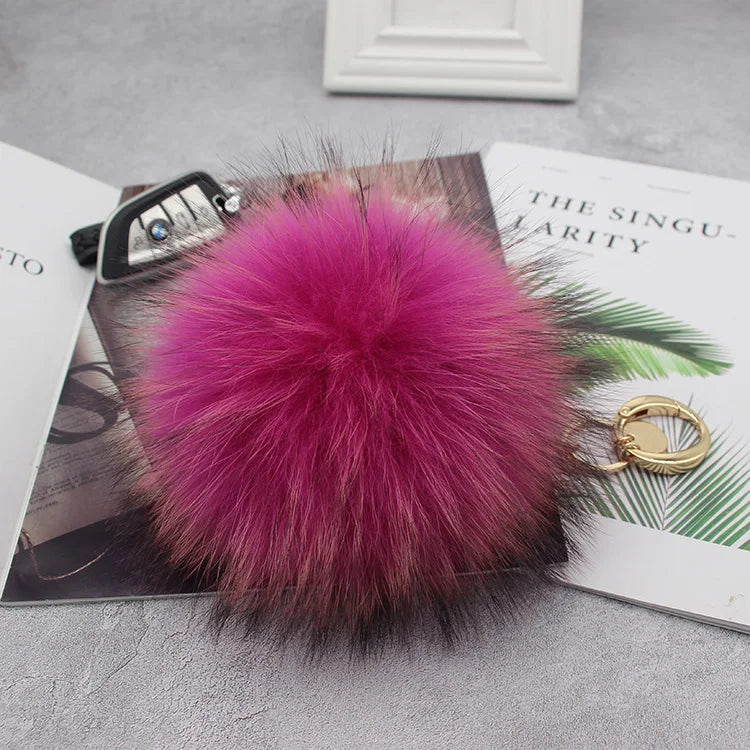 Luxury 15cm Fluffy Real Raccoon Fur Pom Pom Keychain – High-Quality Metal Ring Pendant for Women