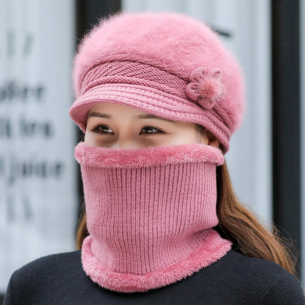 Women's Winter Hat and Scarf Set - Faux Fur Lined Knitted Cap with Flower Detail for Warmth and Style