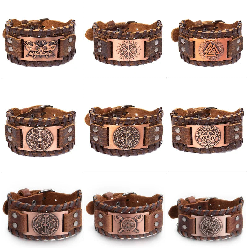 Totem Design Wide Leather Pirate Compass Bracelet - Men's Celtic Viking Jewelry, Party Gift Accessories